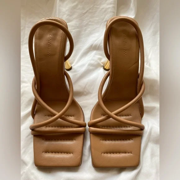 Gia Borghini Tan Strappy Square-Toe Heels with Gold Flared Heel - Picture 1 of 10